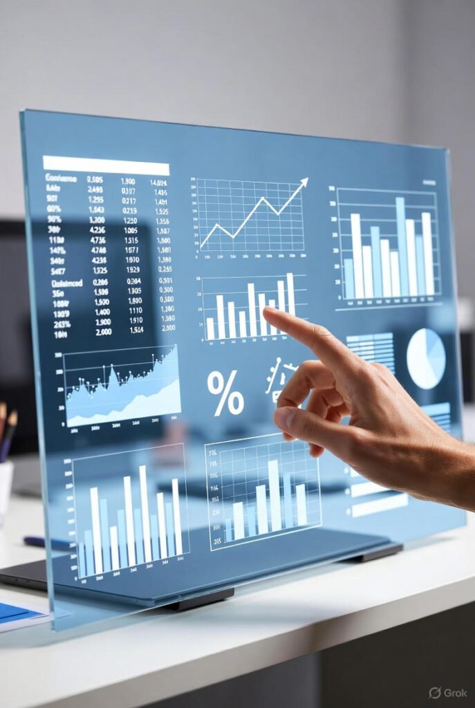 يد بشرية تستخدم واجهة رقمية لتحليل الميزانية العمومية.