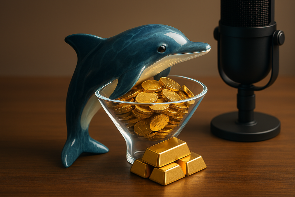 حصالة على شكل دلفين فني ممتلئة بالعملات الذهبية