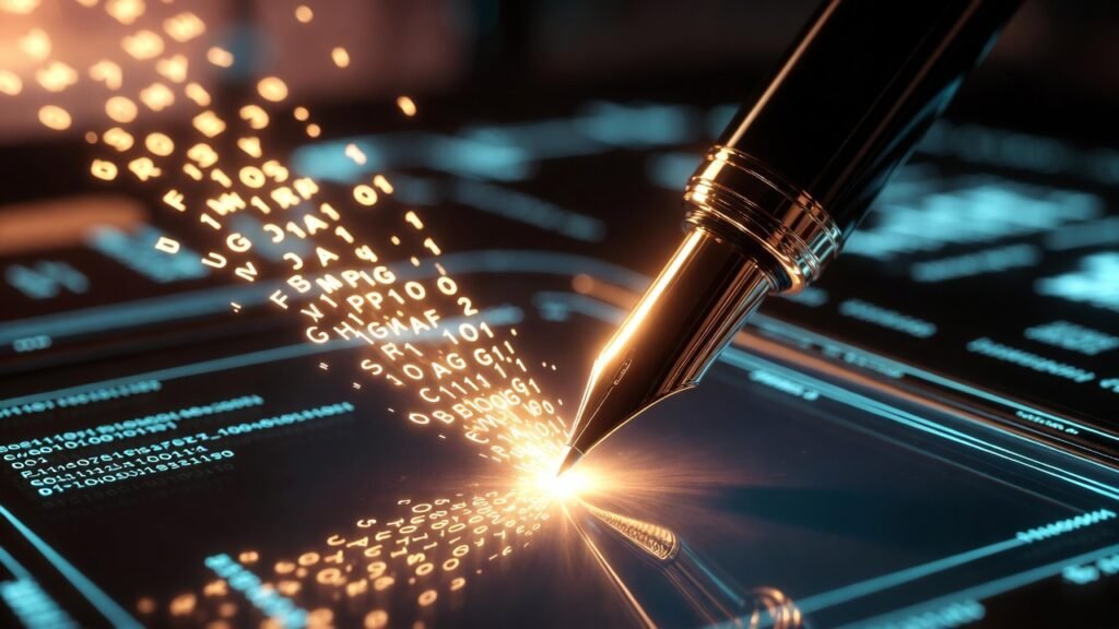 قلم رقمي متطور يكتب حروفاً مضيئة على شاشة لوحية.