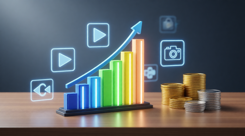 رسم بياني لنمو الأرباح مع عملات رقمية ورموز منصات التواصل الاجتماعي.
