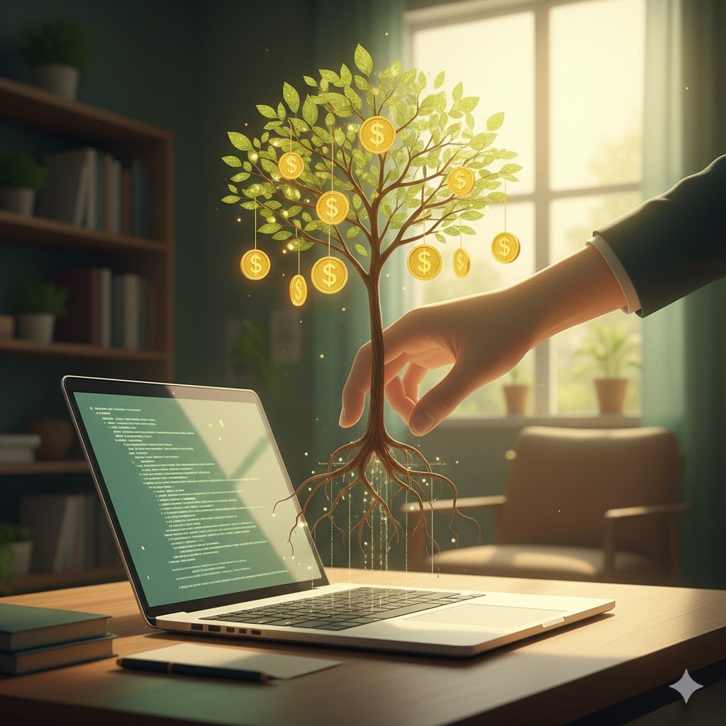يد افتراضية تزرع شجرة المال، رمز لـ أفضل برامج التسويق بالعمولة والدخل السلبي المستدام.