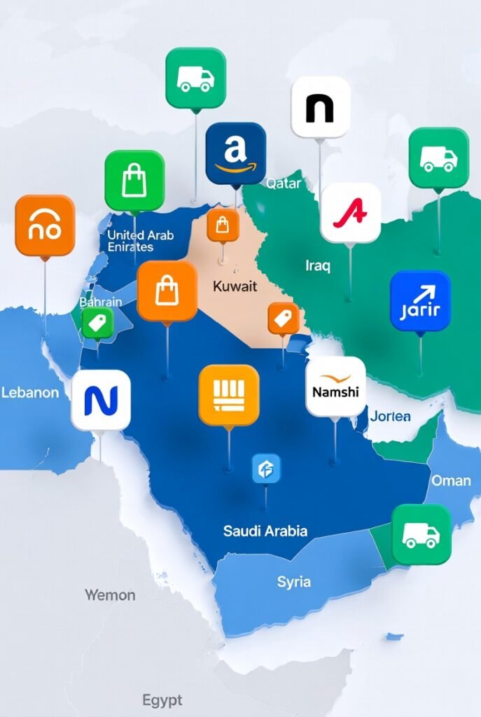 أيقونات شركات عربية وعالمية بارزة تطفو فوق خريطة رقمية للشرق الأوسط، تعكس أفضل برامج الأفلييت.