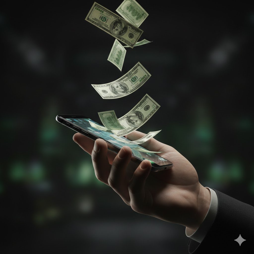 عملات دولارية تتساقط على يد افتراضية تحمل أداة رقمية، رمز لـ أفضل برامج التسويق بالعمولة العالمية.