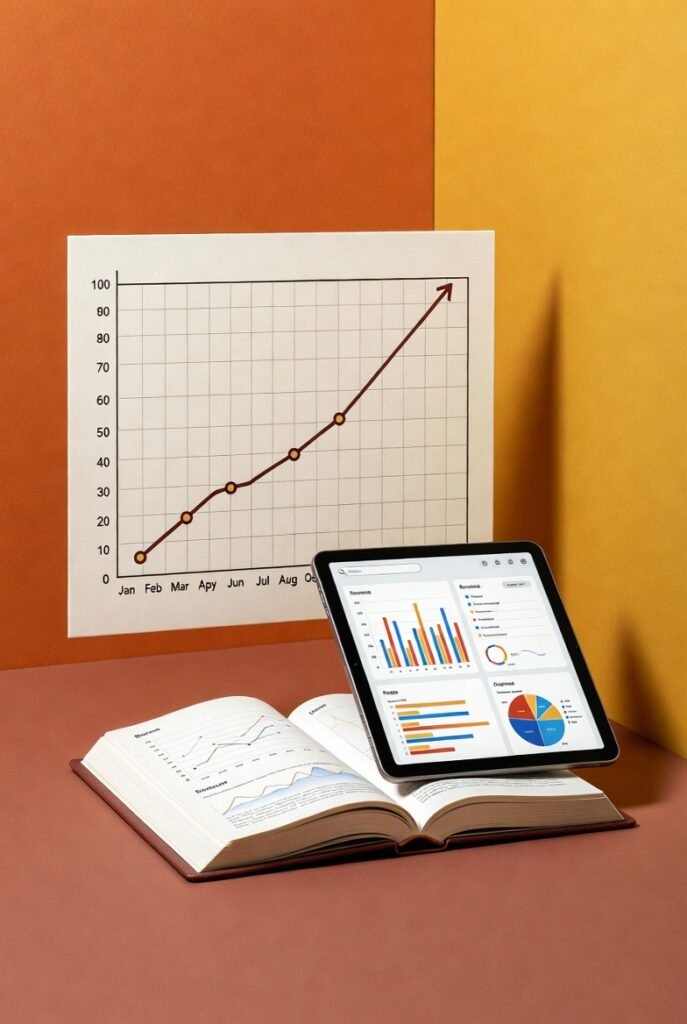 رسم بياني تصاعدي يمثل قصة نجاح في التسويق بالعمولة مع كتاب مفتوح وجهاز لوحي.