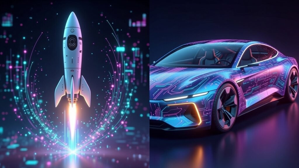 مقارنة بصرية تعبيرية بين التعلم الآلي والتعلم العميق (السيارة والصاروخ).