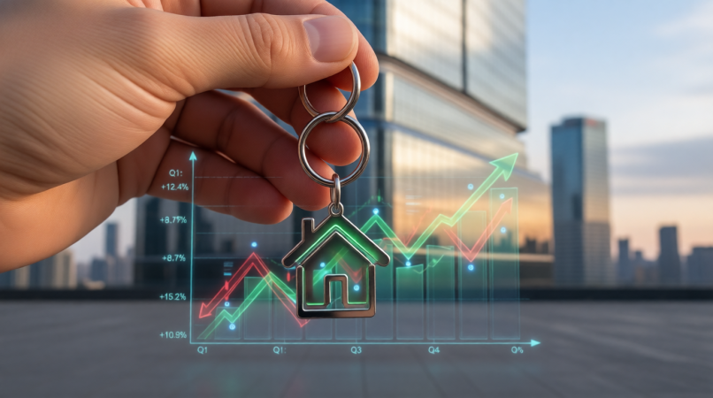 يد تمسك مفاتيح منزل ذكي ترمز لنتائج استثمار عقاري دليل ناجح.
