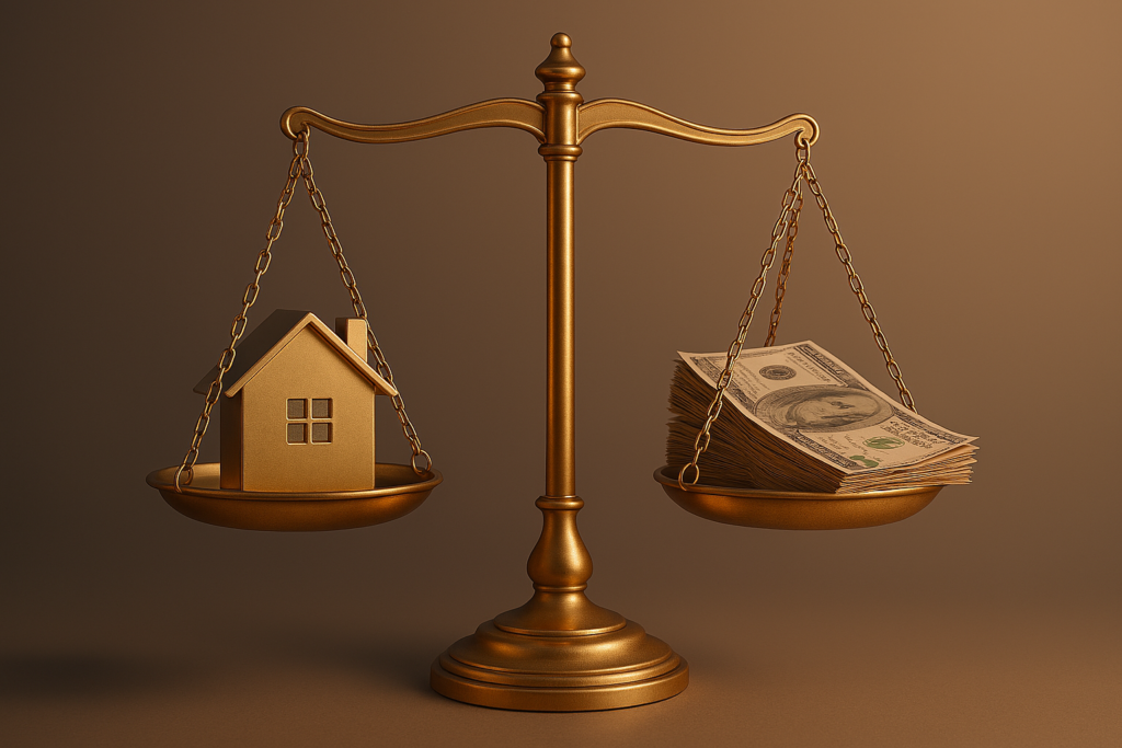 ميزان ذهبي يوازن بين العملة الورقية والعقار لمقاومة التضخم.