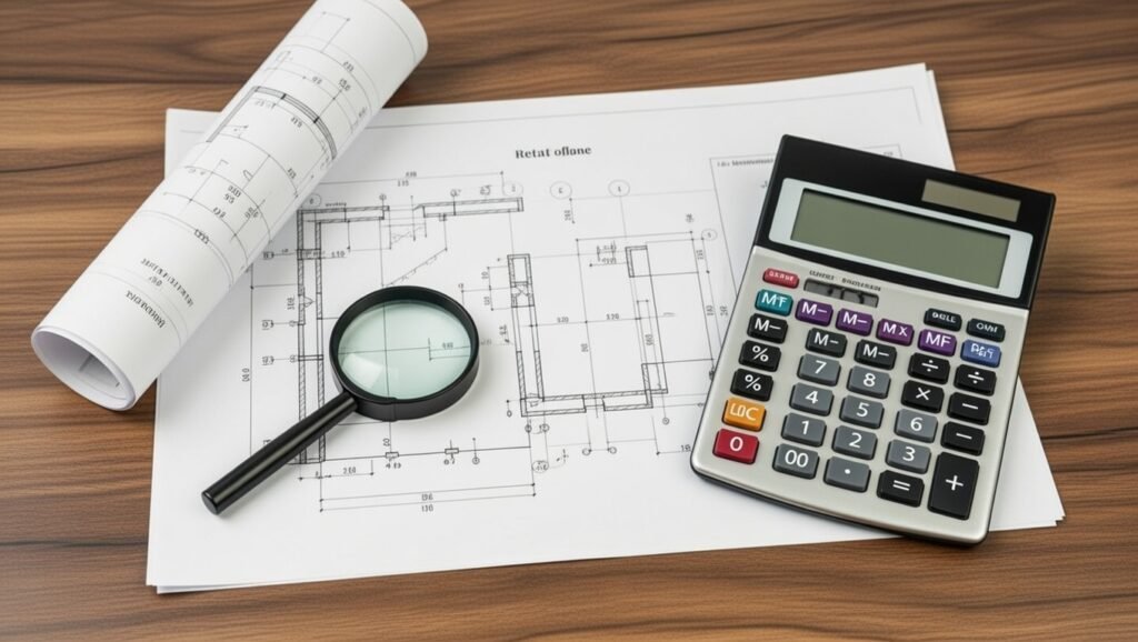 مخططات هندسية وآلة حاسبة احترافية لتقييم استثمار عقاري دليل.