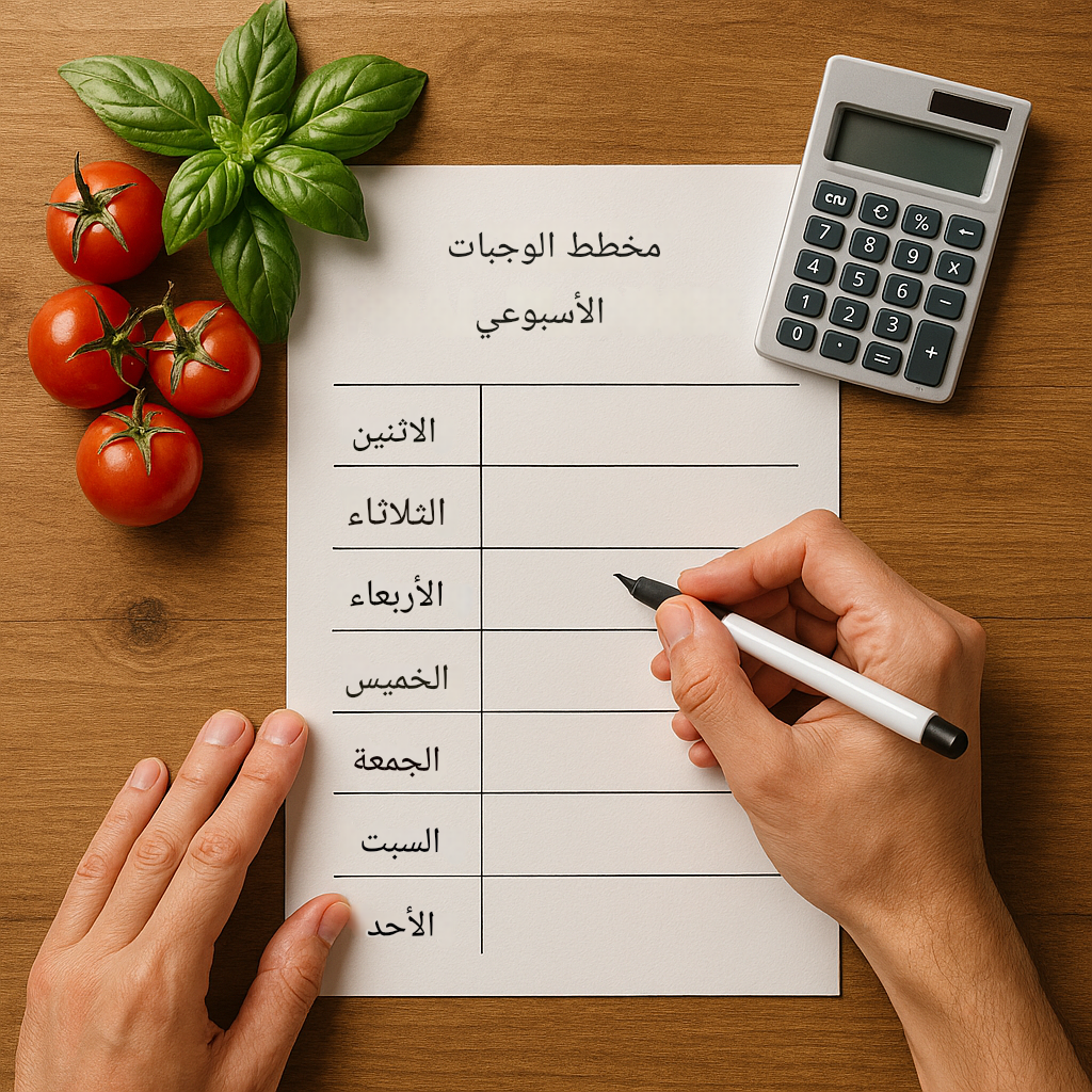 جدول تخطيط وجبات أسبوعي مكتوب بخط اليد مع آلة حاسبة ومكونات طازجة
