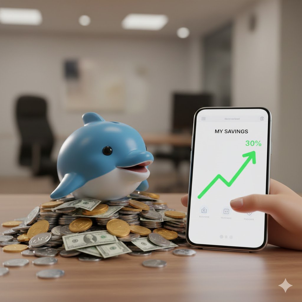 حصالة دلفين على كومة مدخرات بجانب هاتف يظهر رسم بياني للنمو المالي