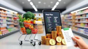 عربة تسوق ذكية مليئة بالخضروات والعملات الذهبية لتقليل فاتورة البقالة