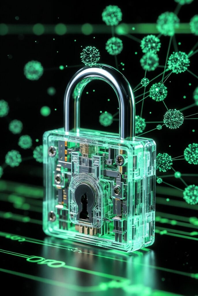 رمز القفل مفتوح وبداخله بيانات رقمية خضراء ترمز للقبول