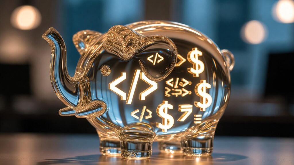 حصالة على شكل فيل زجاجي ممتلئة برموز برمجية ذهبية