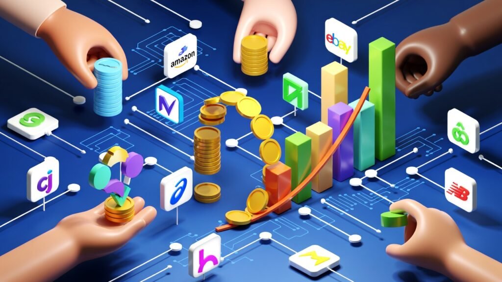 رسم بياني ثلاثي الأبعاد يعرض نجاح أفضل برامج التسويق بالعمولة في 2026 ودخل سلبي مرتفع.