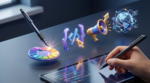 رسم توضيحي ثلاثي الأبعاد يجمع رموز المهارات الخمس الأكثر طلباً في العمل الحر لعام 2025.