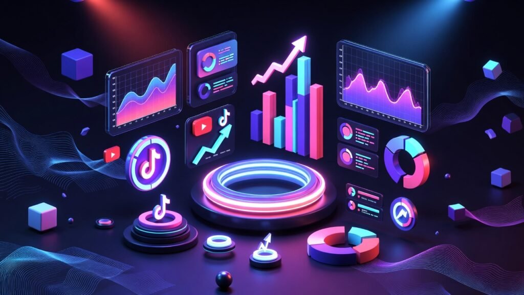 واجهة رقمية متطورة توضح شروط الربح من يوتيوب وتيك توك