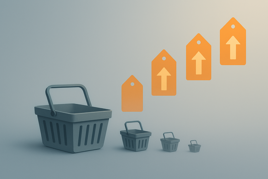 رسم توضيحي لتأثير التضخم على قوة الشراء — سلة مشتريات تتقلص مع مرور الوقت