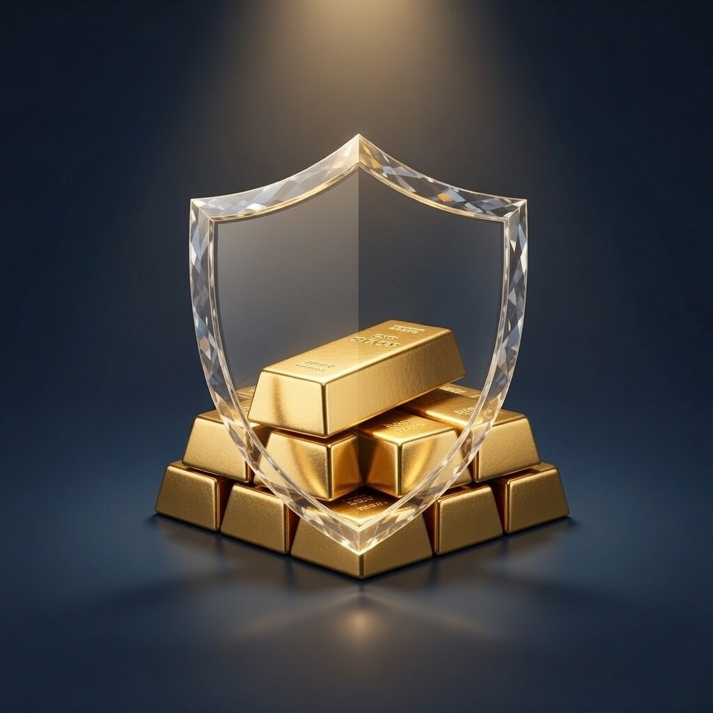 توضيح الذهب كحماية للمدخرات — سبائك ذهبية مع درع رمزي ضد التضخم