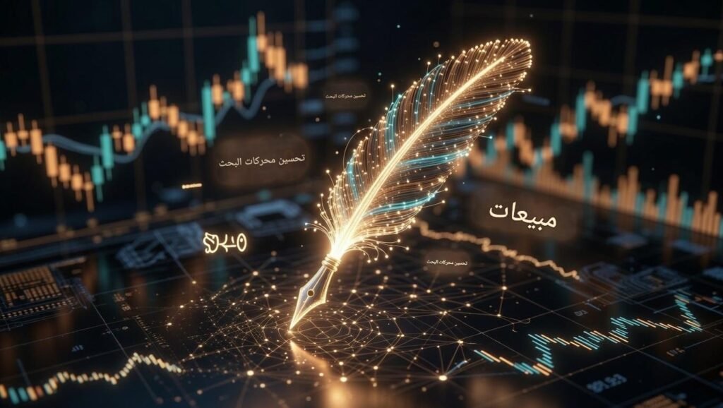 ريشة كتابة رقمية ترمز لكتابة المحتوى التسويقي بالذكاء الاصطناعي