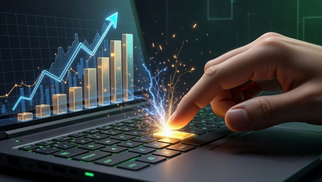 يد إنسان تضغط على مفتاح ذهبي لبدء التعلم من مصادر مجانية للعمل الحر.