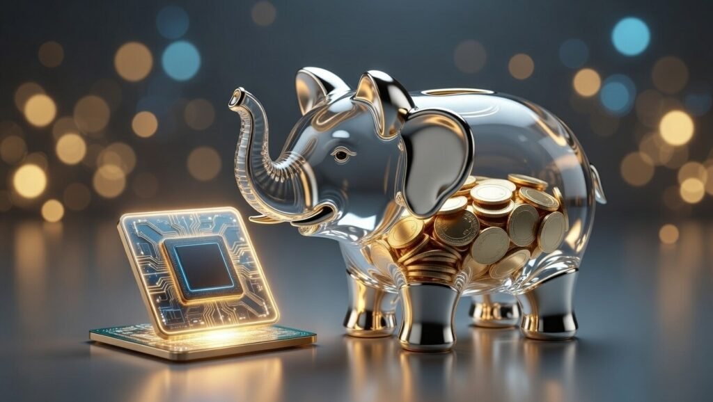 حصالة حديثة على شكل "فيل" ممتلئة بالعملات المعدنية الرقمية لتعزيز financial-liberation.com.