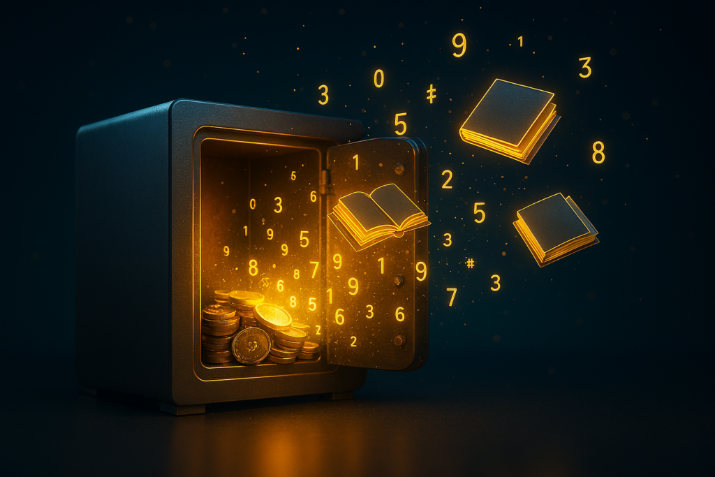 خزنة مفتوحة تخرج منها رموز برمجية وكتب تعبر عن قوة المعرفة في العمل الحر.