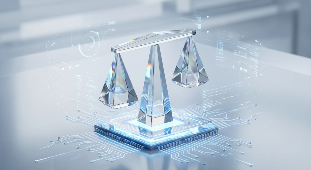 ميزان عدل رقمي يرمز للأمان والضوابط في أرباح التجارة الإلكترونية