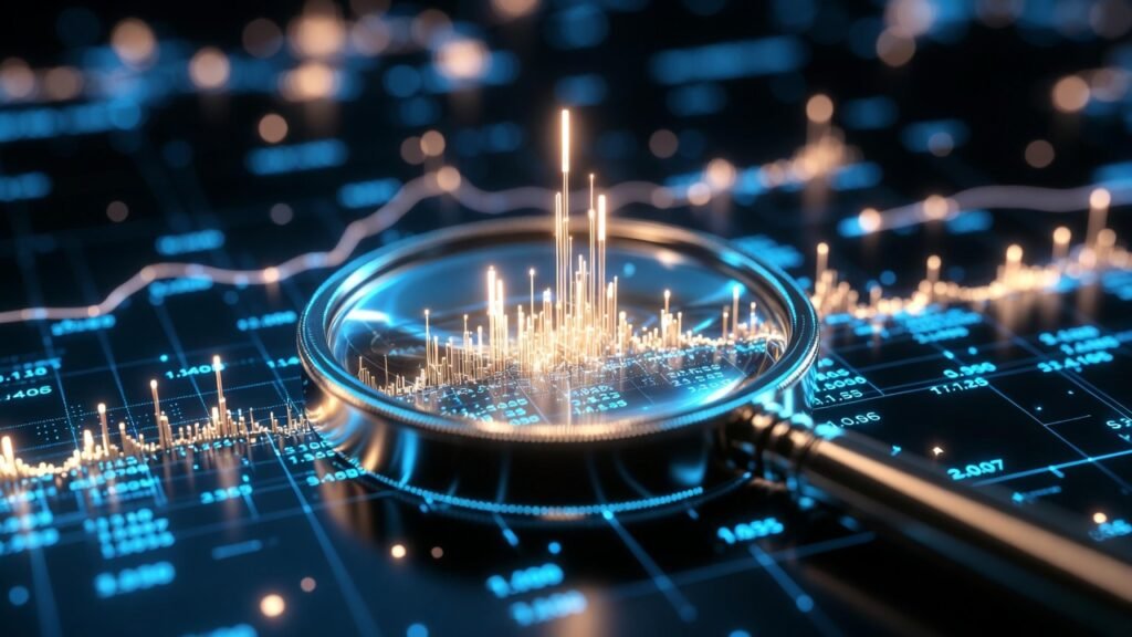 عدسة مكبرة رقمية تحلل بيانات الربح من التجارة الإلكترونية باستخدام الذكاء الاصطناعي