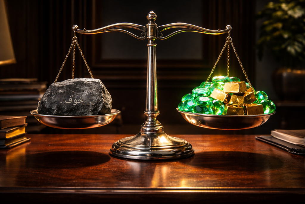 ميزان مالي يوضح التوازن عند مواجهة الخوف من الاستثمار