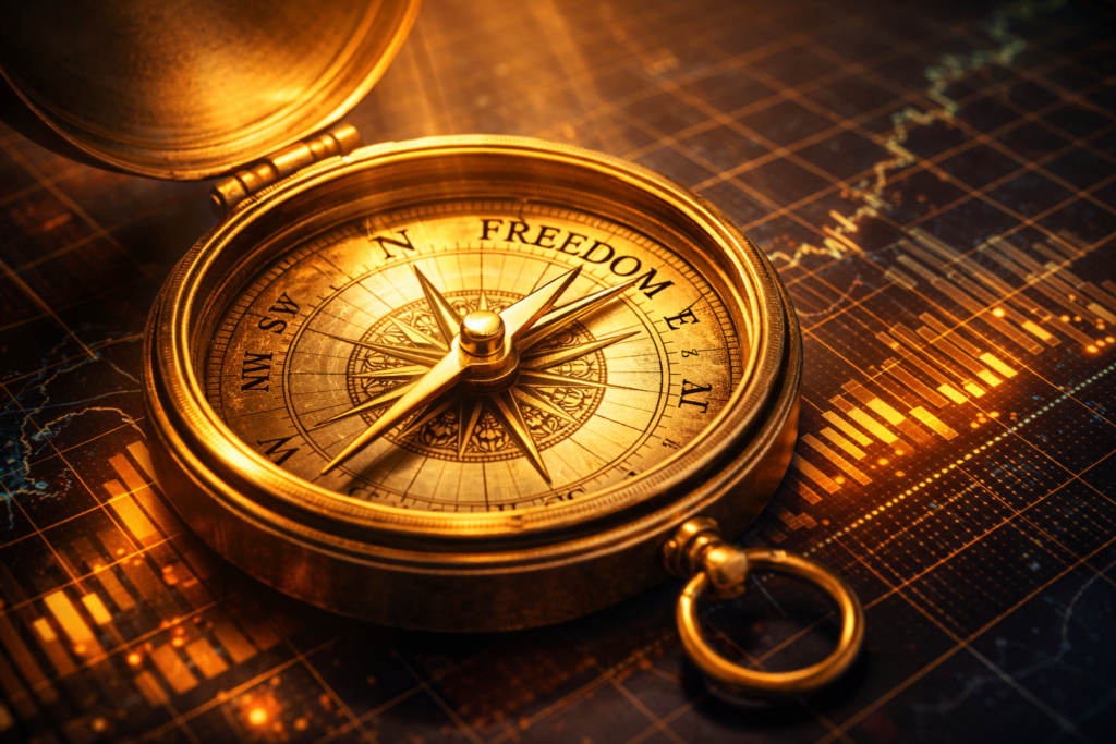 بوصلة ذهبية تشير نحو financial-liberation.com وبداية الاستثمار