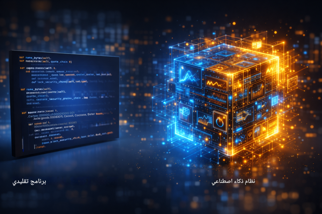 رسم مجرد يوضح الفرق بين الذكاء التقليدي وأنظمة الذكاء الاصطناعي