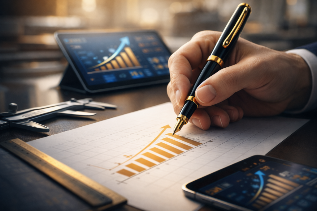 يد مهندس معماري تخطط لمشروع جانبي للوصول إلى الحرية المالية على الورق.