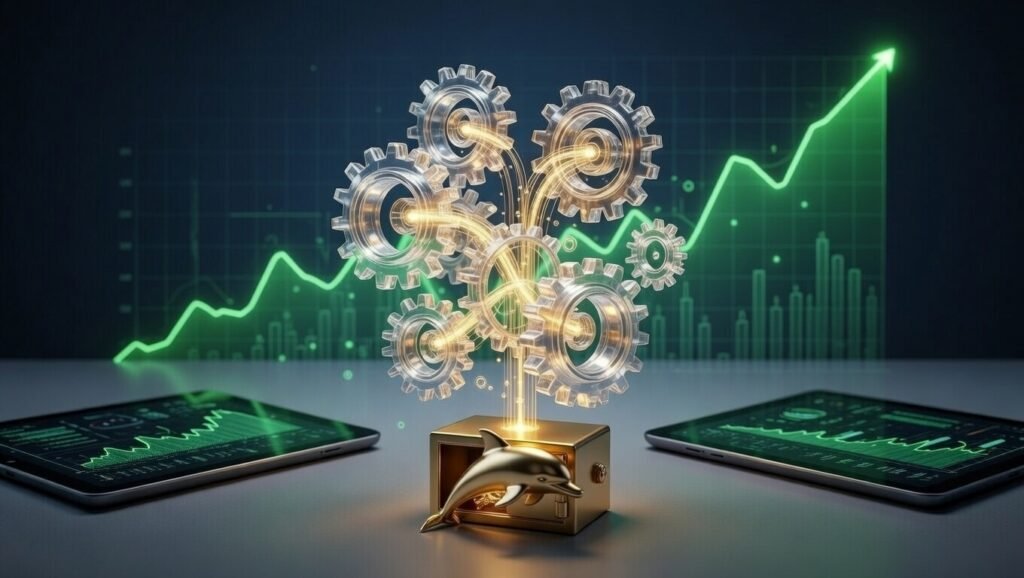 تروس ميكانيكية رقمية تعمل بانسجام لتمثيل أتمتة مشروع جانبي للوصول إلى الحرية المالية.