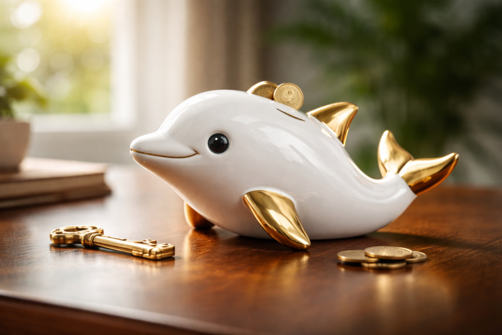 حصالة حديثة على شكل دلفين تمثل حماية المدخرات من الديون السيئة.