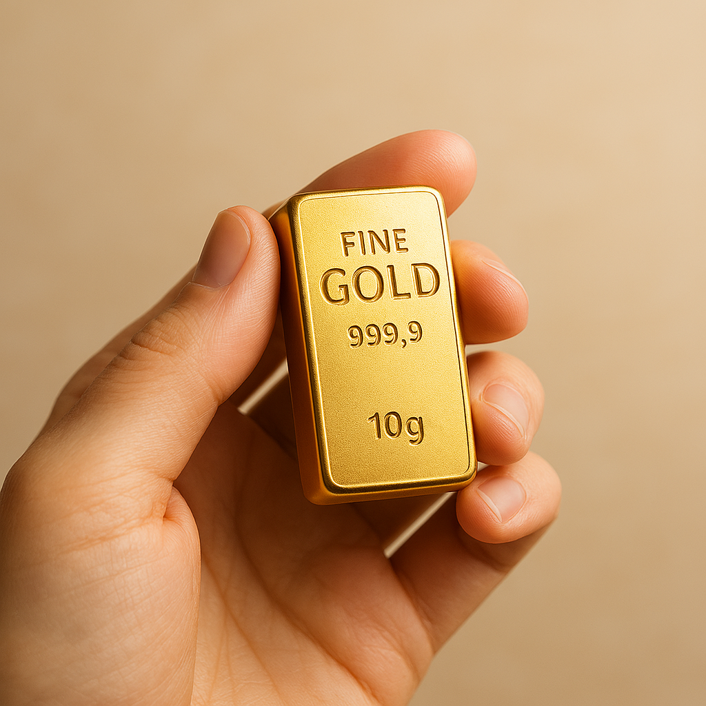 أيادي تحمل سبيكة ذهب صغيرة لتعزيز فكرة الاستثمار في الذهب للمبتدئين.