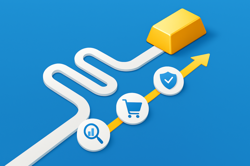 خريطة طريق رقمية توضح خطوات الاستثمار في الذهب للمبتدئين.