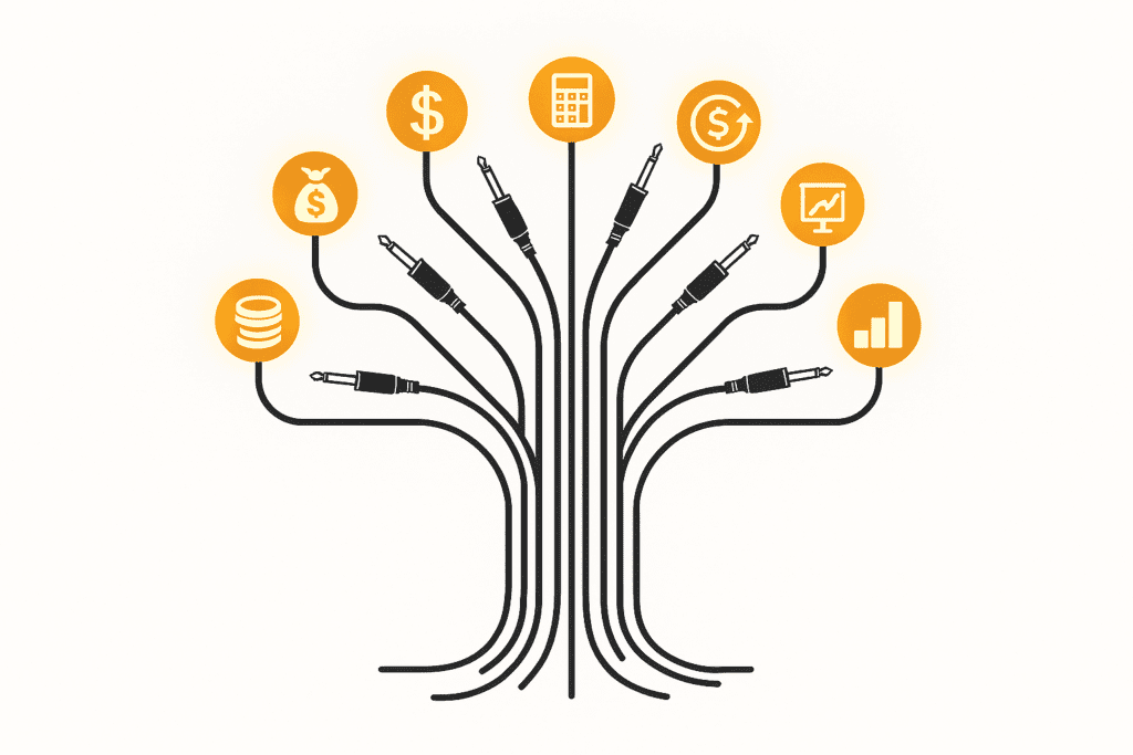 تمثيل بصري لتعدد مصادر الدخل وأهم أسباب الربح من البودكاست عبر نمو الأصول.