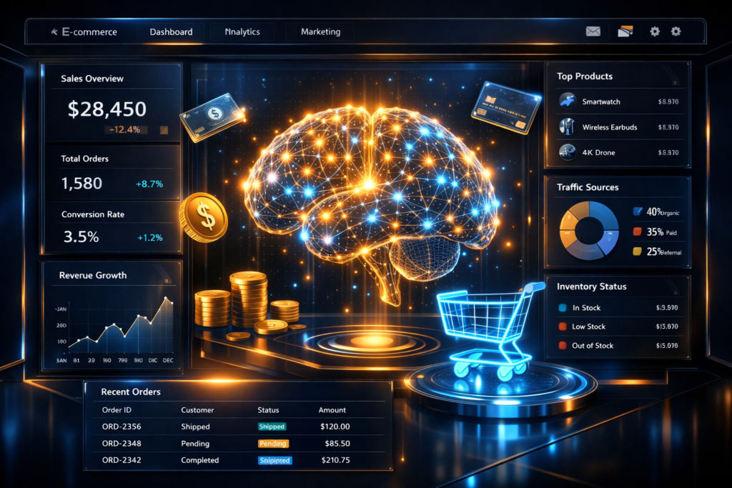 واجهة متجر إلكتروني ذكي تعبر عن الربح من التجارة الإلكترونية باستخدام الذكاء الاصطناعي