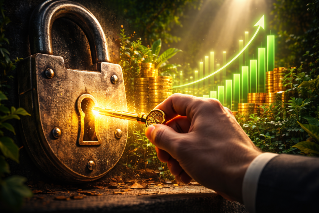 مشهد تعبيري يمثل التغلب على الخوف من الاستثمار والانتقال للنجاح