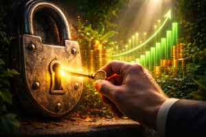 مشهد تعبيري يمثل التغلب على الخوف من الاستثمار والانتقال للنجاح