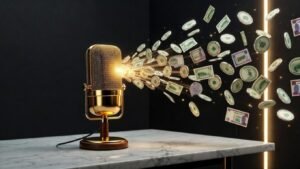 ميكروفون ذهبي احترافي يرمز إلى أسباب الربح من البودكاست والنجاح المالي.