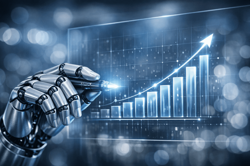يد آلية متطورة ترمز للتعاون بين البشر والآلة في سوق العمل المستقبلي.