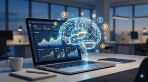 واجهة حاسوب تعرض تحليلات إدارة مدونة بـ AI مع رموز للربح والنمو