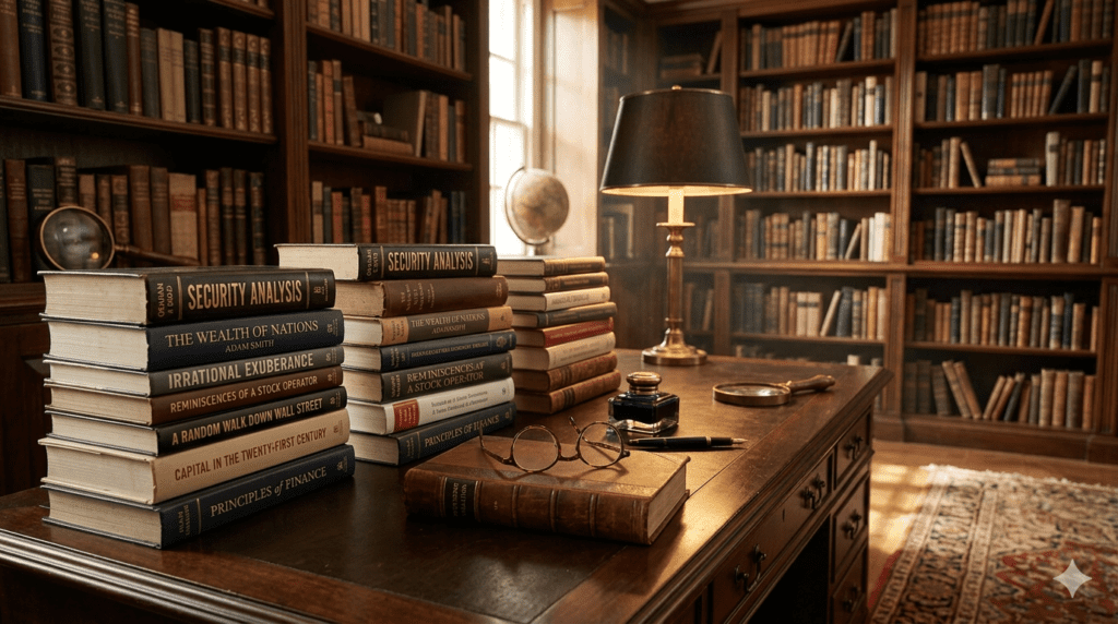 مكتبة كتب مالية ونظارة طبية تعبر عن الوعي والحكمة المالية
